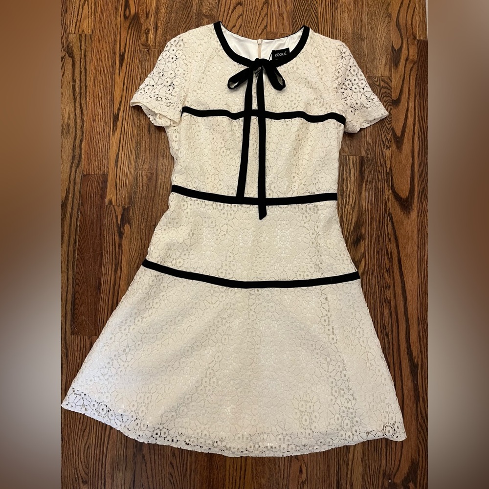 Kookai Cream Lace Mini Dress with Black Trim and Bow Detail